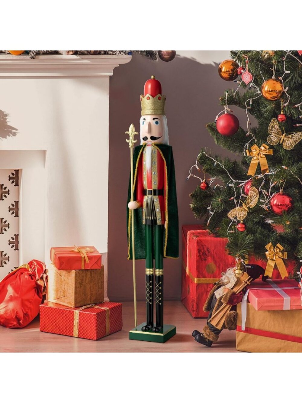 Large Nutcracker Christmas Decor - 42" Wooden King Figure with Velvet Cloak